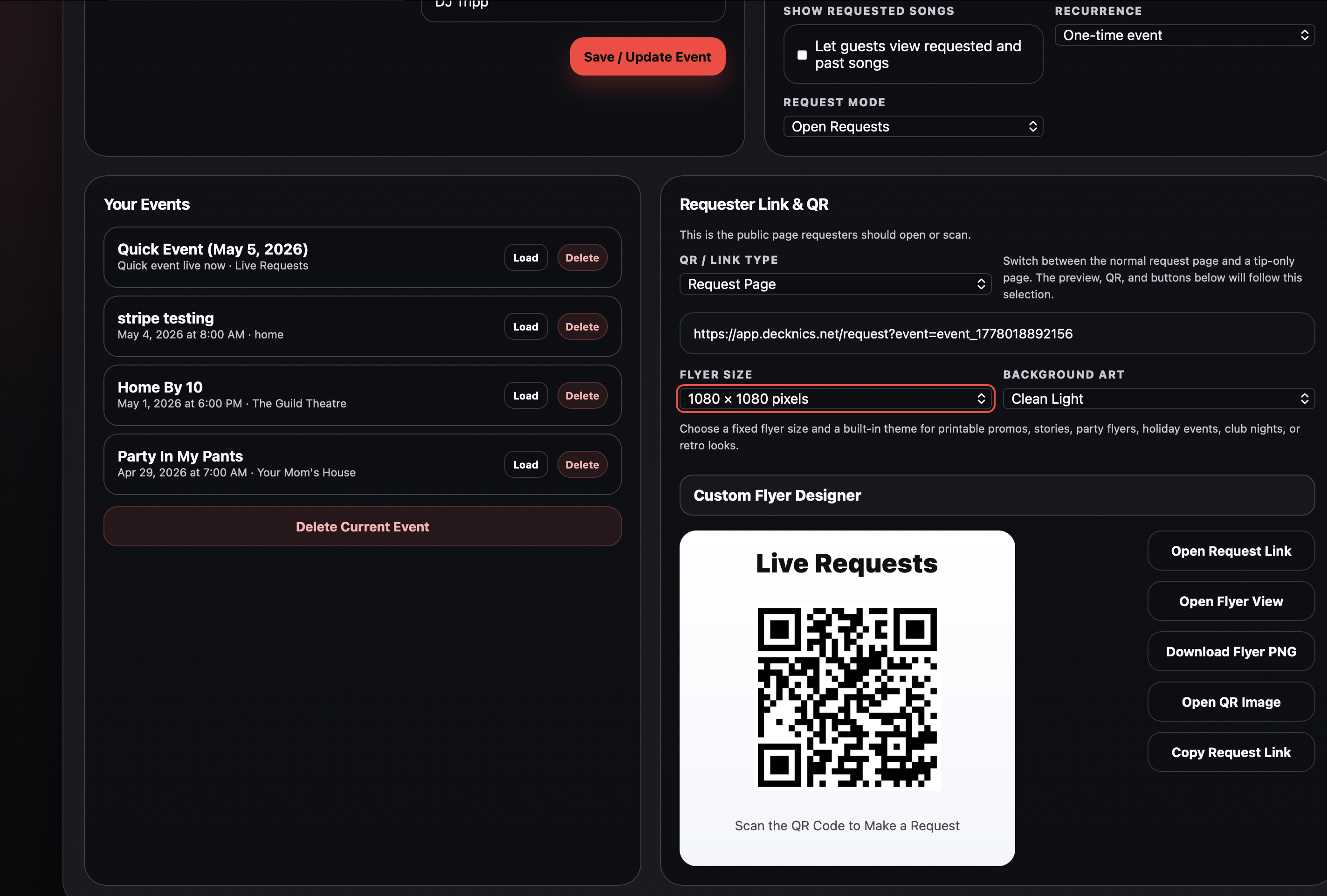 Decknics Live Requests request link and QR controls